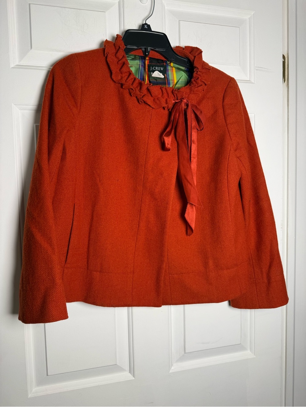 J.CREW Orange Rust Herringbone Wool Ruffle Collar Tie Front Blazer Jacket Sz 6